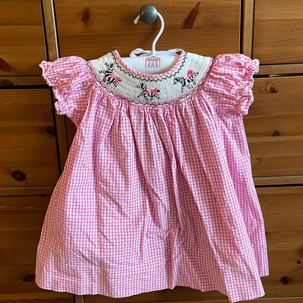 Pink Gingham Smocked Dress with Zebras
